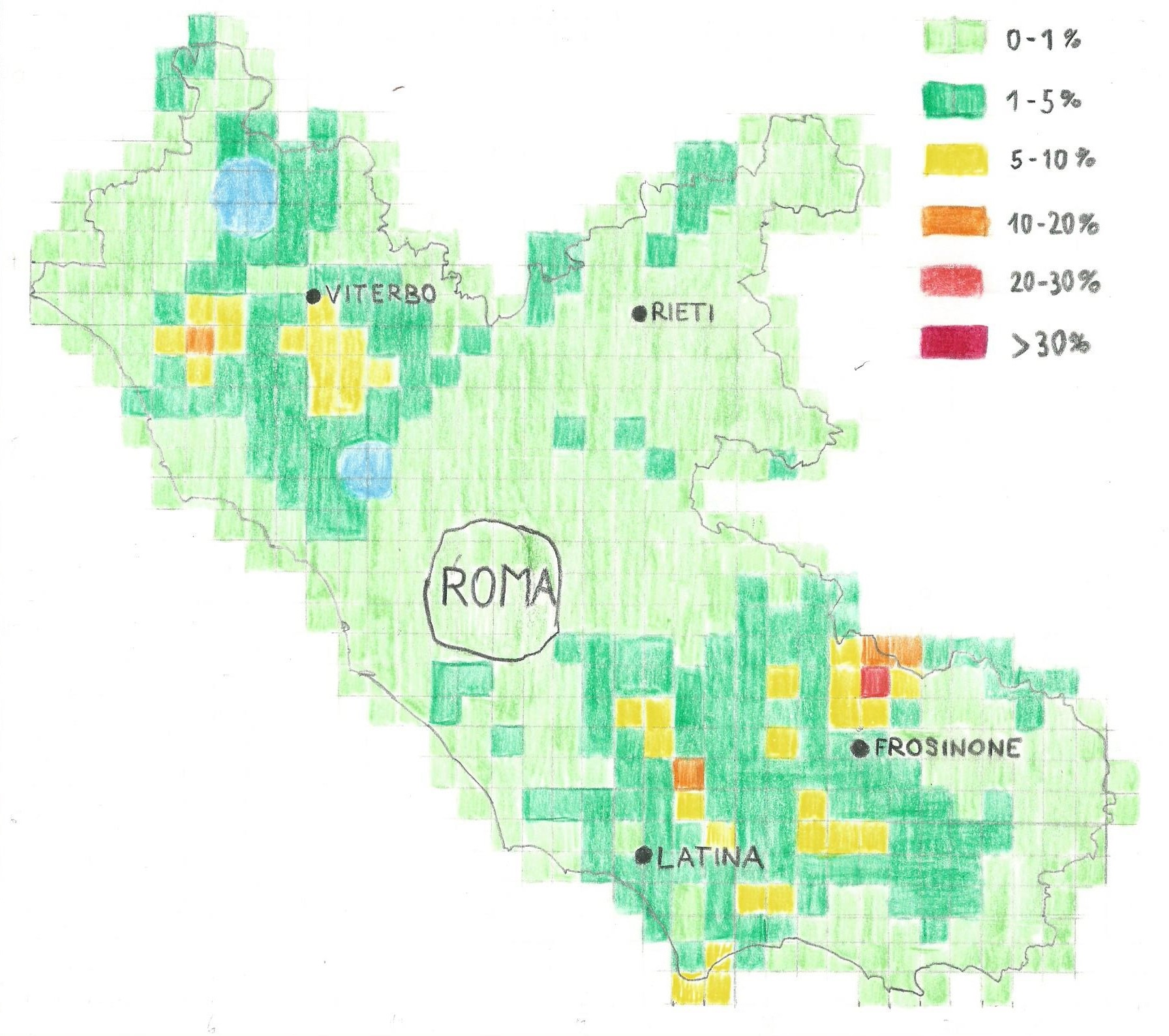 Lazio Mappa statistica della percentuale di abitazioni in cui la concentrazione di radon eccede i 500